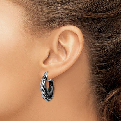Sterling Silver Rhodium-Plated Polished & D/C Onyx Round Hoop Earrings