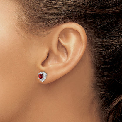 Sterling Silver Rhodium-Plated Garnet And Cz Heart Earrings