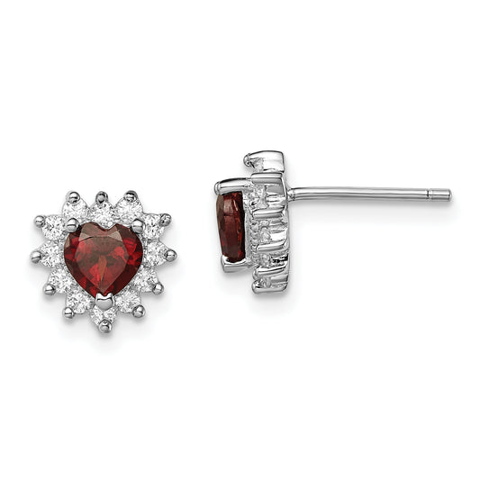 Sterling Silver Rhodium-Plated Garnet And Cz Heart Earrings