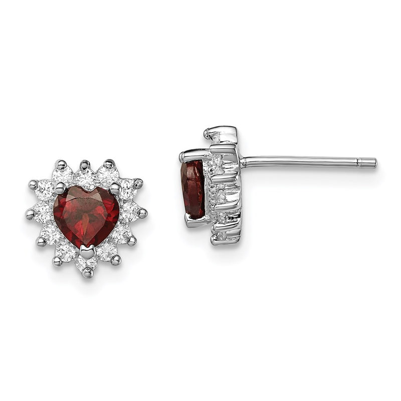Sterling Silver Rhodium-Plated Garnet And Cz Heart Earrings