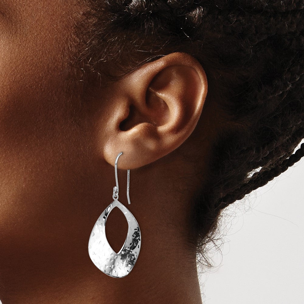 Sterling Silver Rh-Plated Polished & Textured Curved Teardrop Dangle Earrin