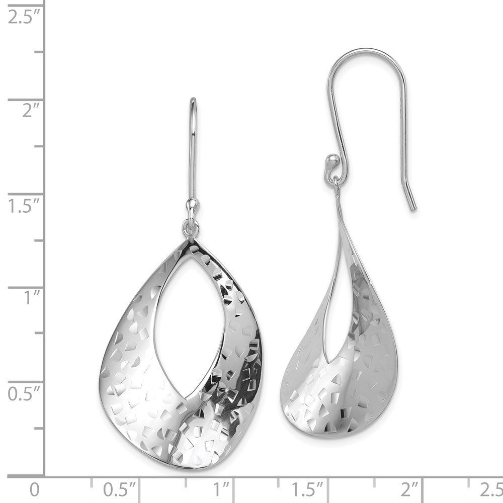 Sterling Silver Rh-Plated Polished & Textured Curved Teardrop Dangle Earrin