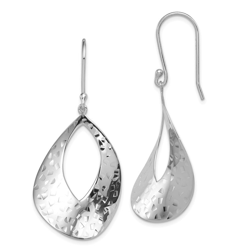 Sterling Silver Rh-Plated Polished & Textured Curved Teardrop Dangle Earrin