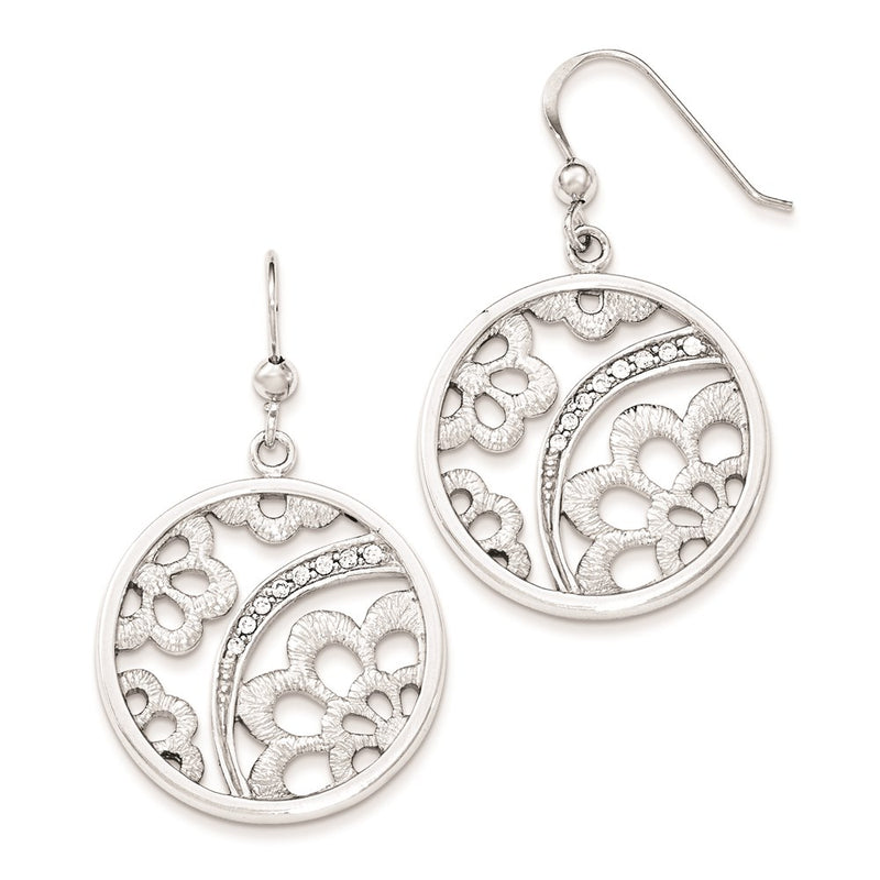 Sterling Silver Rhodium-Plated Cz Floral Round Dangle Earrings