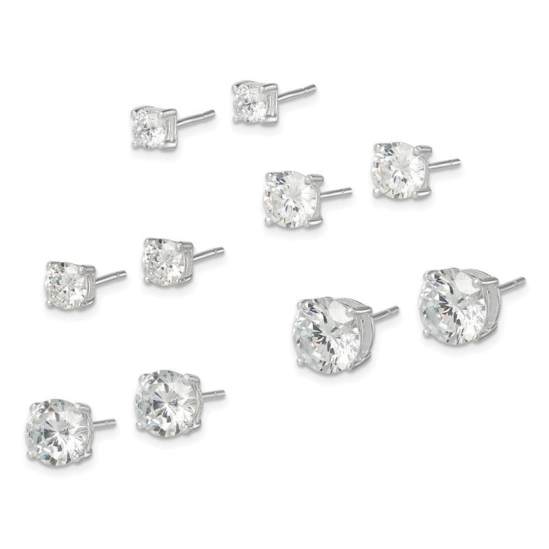 Sterling Silver Polished Round Cz 5-Pair Post Earrings Set