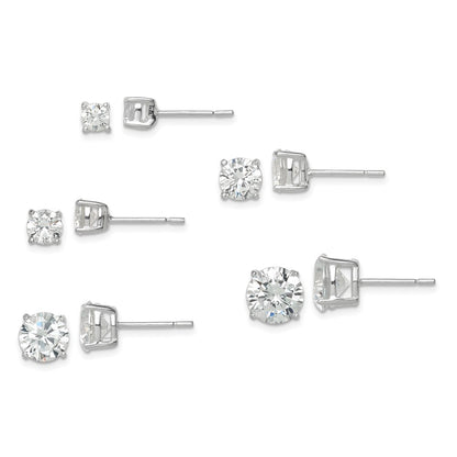 Sterling Silver Polished Round Cz 5-Pair Post Earrings Set