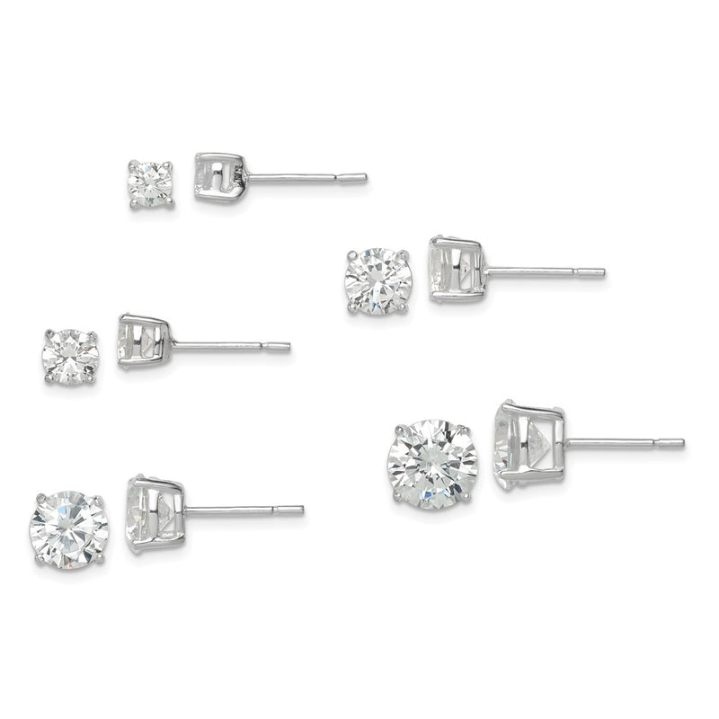 Sterling Silver Polished Round Cz 5-Pair Post Earrings Set