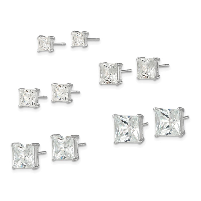 Sterling Silver Polished Square Cz 5-Pair Post Earrings Set