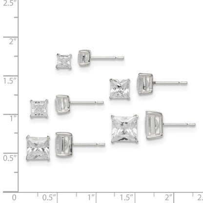 Sterling Silver Polished Square Cz 5-Pair Post Earrings Set