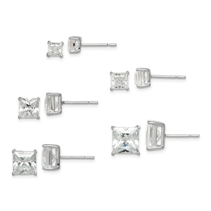 Sterling Silver Polished Square Cz 5-Pair Post Earrings Set