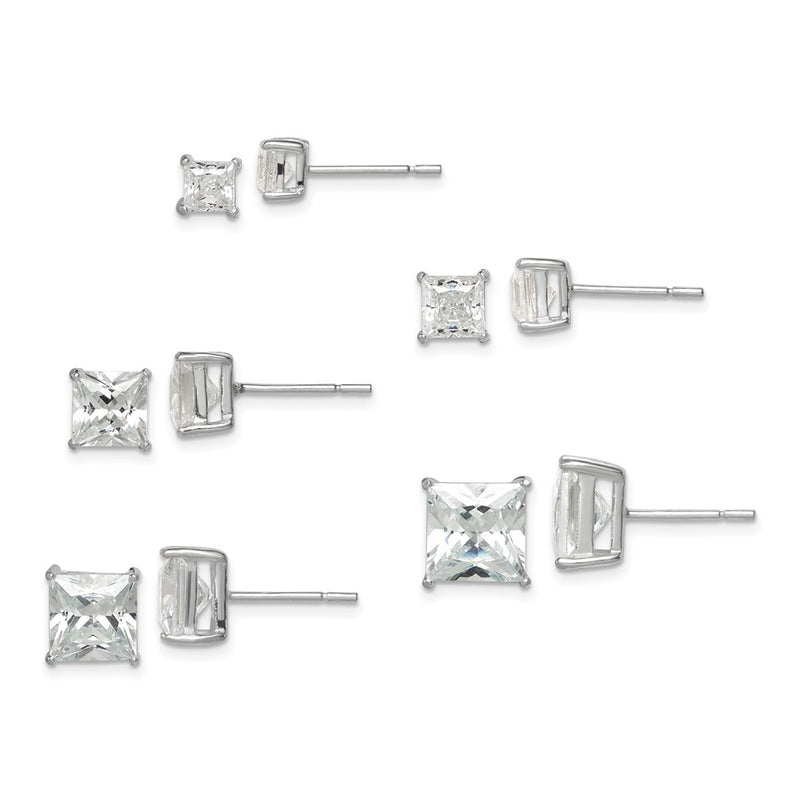 Sterling Silver Polished Square Cz 5-Pair Post Earrings Set