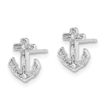 Sterling Silver Rhodium-Plated Polished Cz Anchor Post Earrings