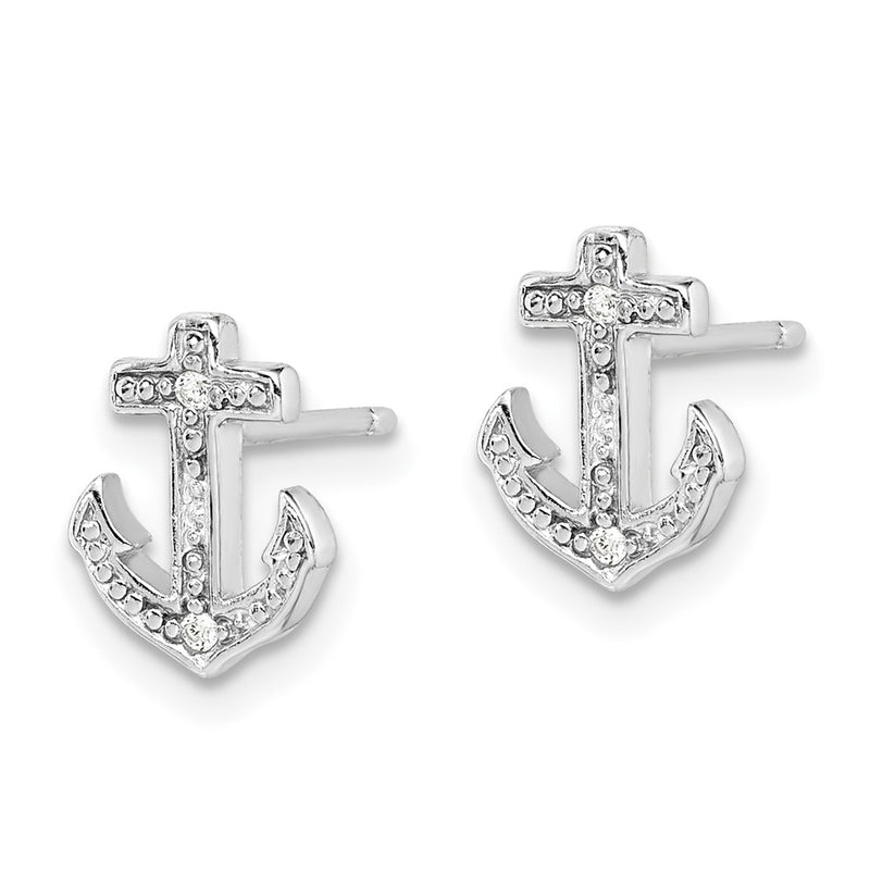 Sterling Silver Rhodium-Plated Polished Cz Anchor Post Earrings