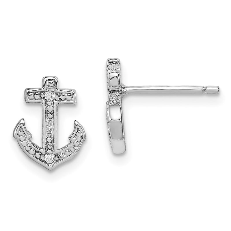 Sterling Silver Rhodium-Plated Polished Cz Anchor Post Earrings