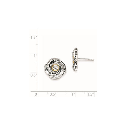 14K/Silver Two-Tone Sterling Silver & Gold-Plated Cz Antiqued Post Earrings