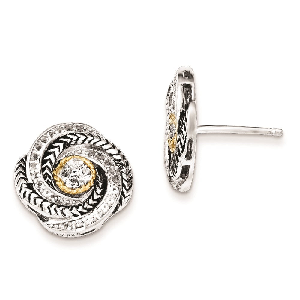 14K/Silver Two-Tone Sterling Silver & Gold-Plated Cz Antiqued Post Earrings