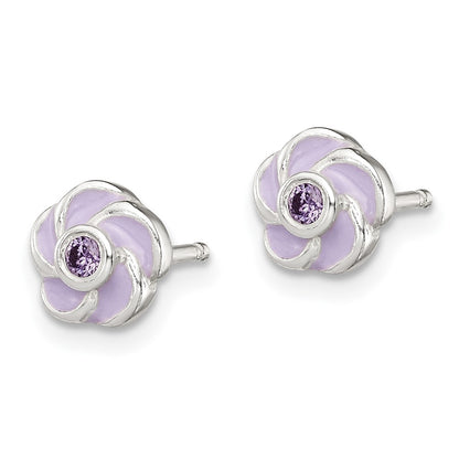 Sterling Silver Polished Purple Cz Enamel Flower Post Earrings