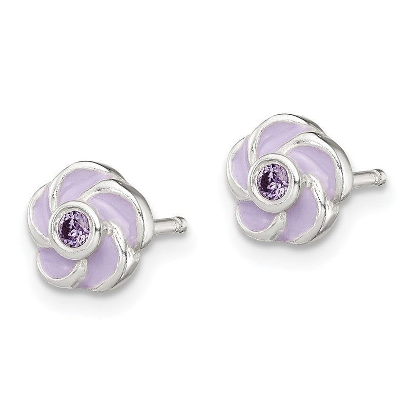 Sterling Silver Polished Purple Cz Enamel Flower Post Earrings