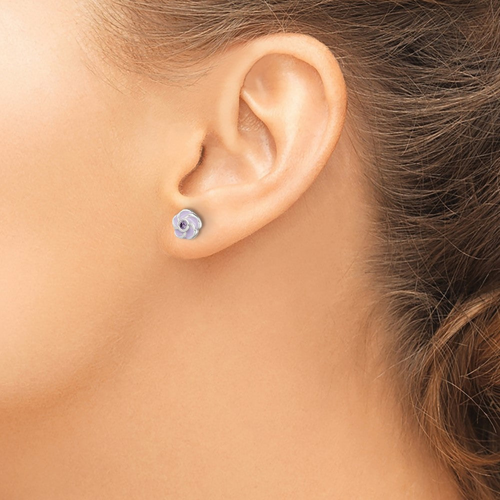 Sterling Silver Polished Purple Cz Enamel Flower Post Earrings