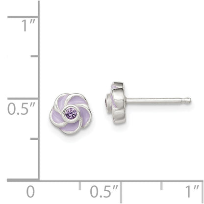 Sterling Silver Polished Purple Cz Enamel Flower Post Earrings