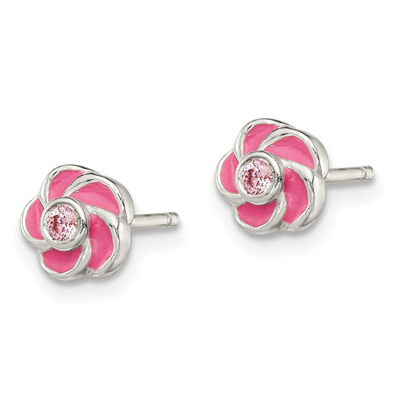 Sterling Silver Polished Enamel Flower Cz Post Earrings