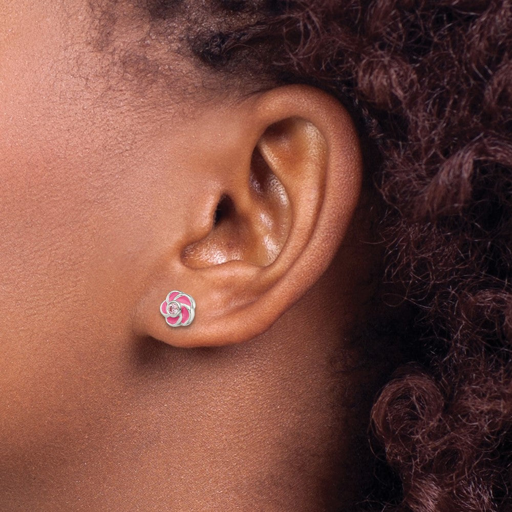 Sterling Silver Polished Enamel Flower Cz Post Earrings