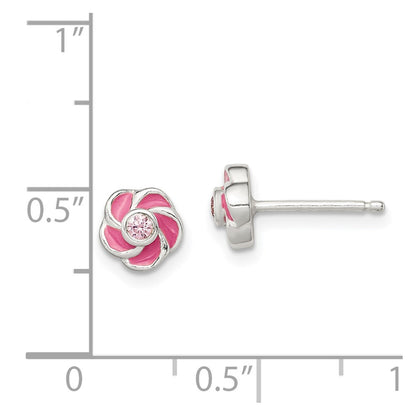 Sterling Silver Polished Enamel Flower Cz Post Earrings