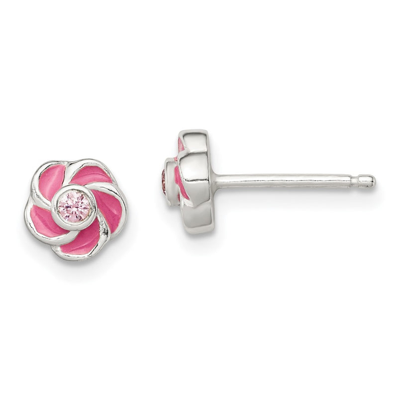 Sterling Silver Polished Enamel Flower Cz Post Earrings