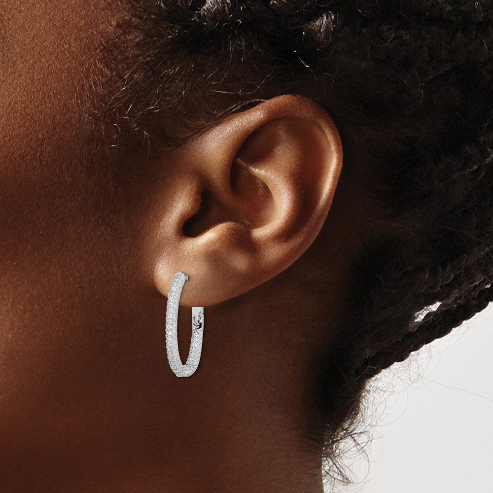 Sterling Silver Rhodium-Plated Cz In/Out Hinged Post Hoop Earrings