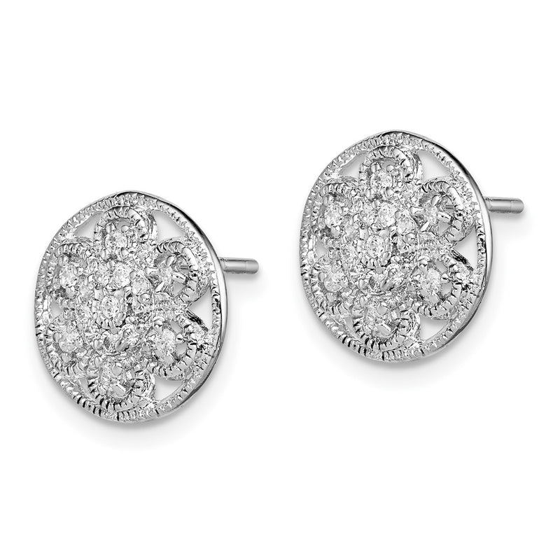 Sterling Silver Rhodium-Plated Cz Textured Flower Post Earrings
