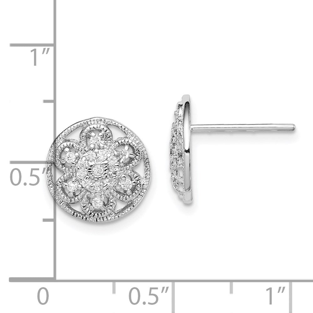 Sterling Silver Rhodium-Plated Cz Textured Flower Post Earrings