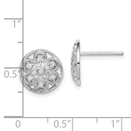 Sterling Silver Rhodium-Plated Cz Textured Flower Post Earrings