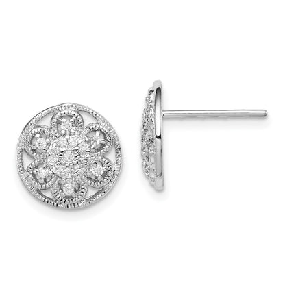 Sterling Silver Rhodium-Plated Cz Textured Flower Post Earrings