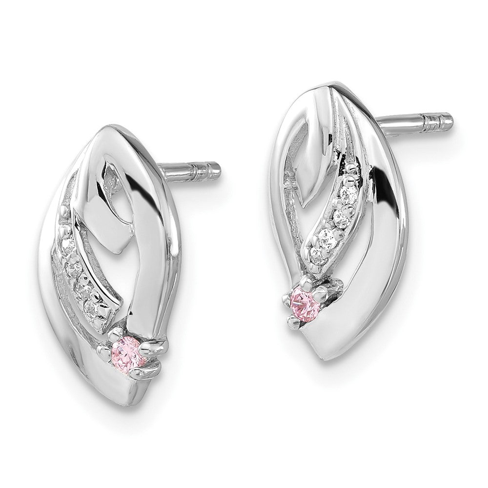 Sterling Silver Rhodium-Plated Pink & Clear Cz Post Earrings