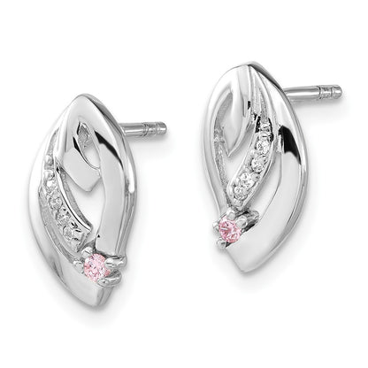 Sterling Silver Rhodium-Plated Pink & Clear Cz Post Earrings
