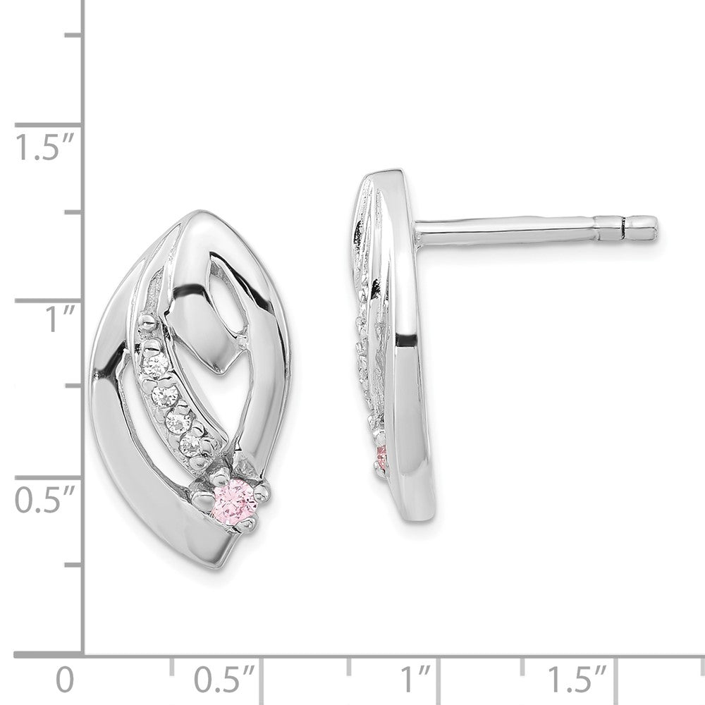 Sterling Silver Rhodium-Plated Pink & Clear Cz Post Earrings