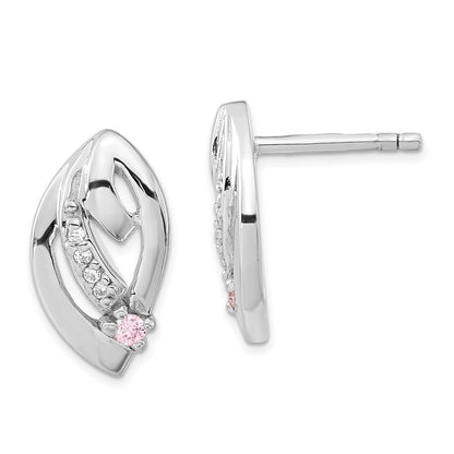 Sterling Silver Rhodium-Plated Pink & Clear Cz Post Earrings