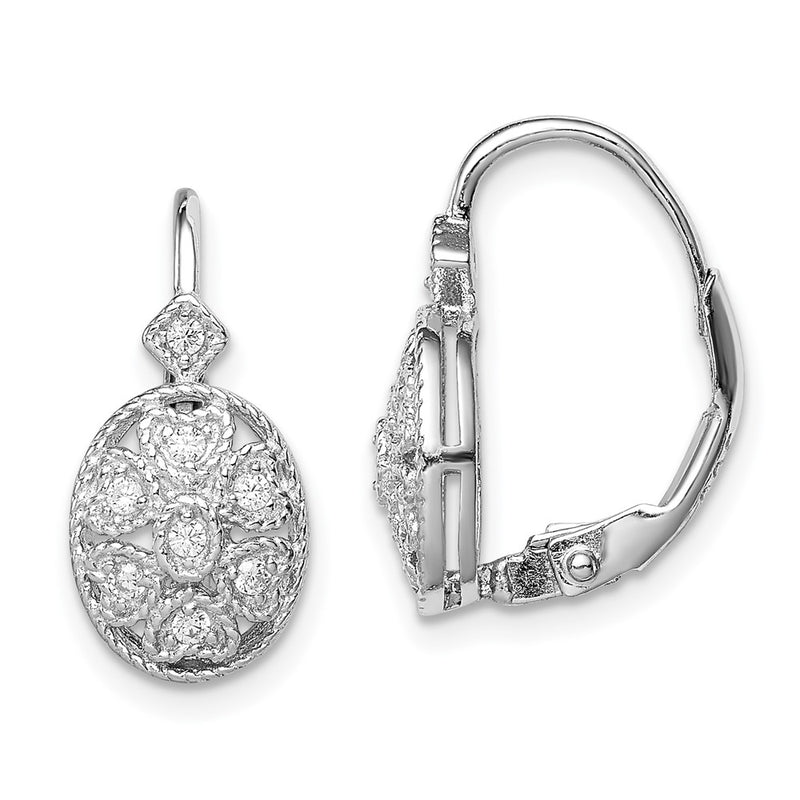 Sterling Silver Rhodium-Plated Polished Cz Leverback Earrings