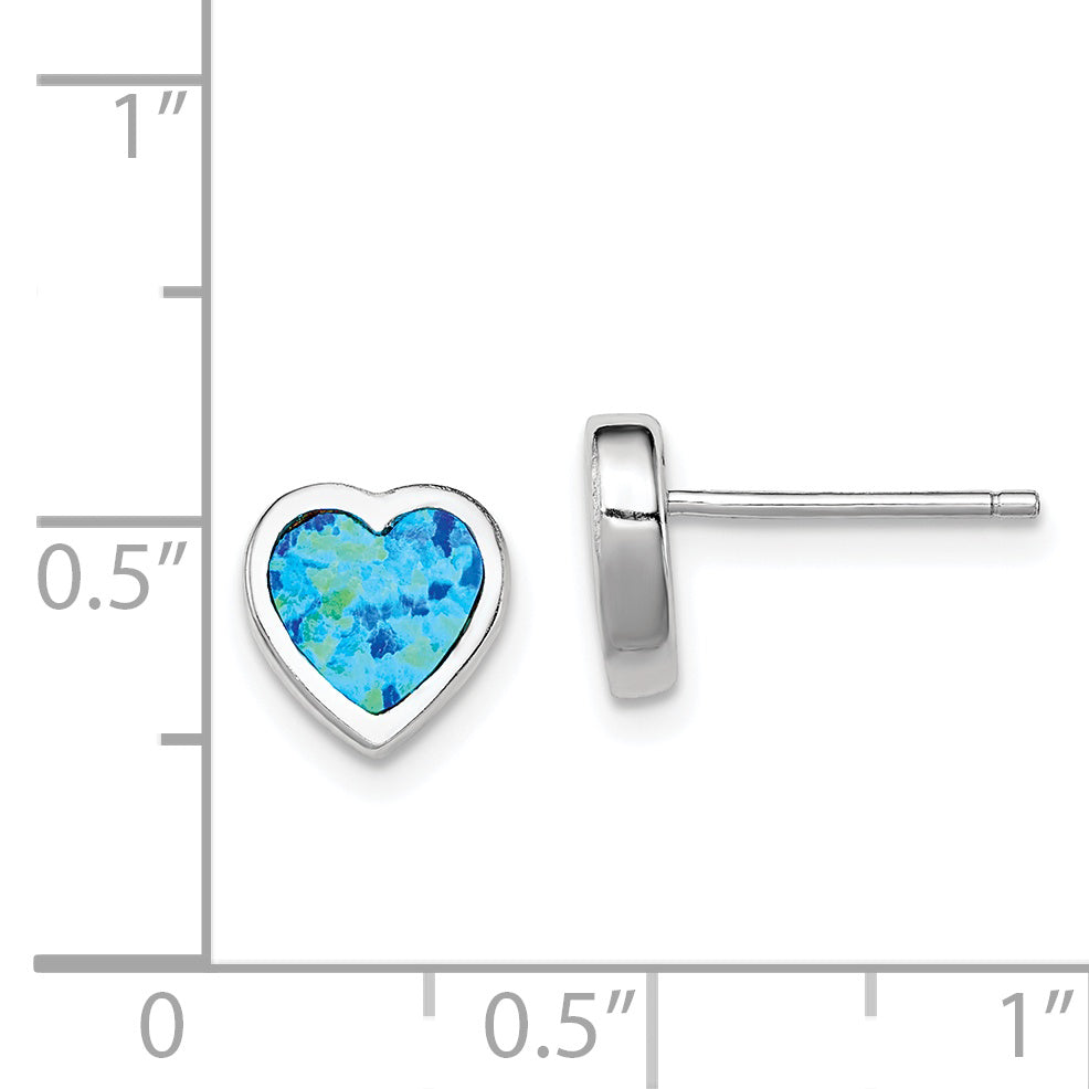 Sterling Silver Rhodium-Plated 9mm Blue Created Opal Heart Post Earrings