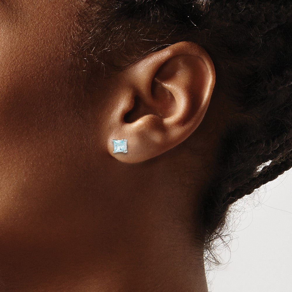 Sterling Silver Polished 4mm Square Light Blue Cz Stud Earrings