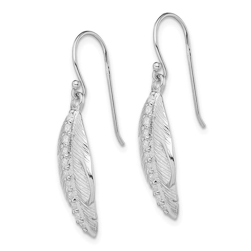 Sterling Silver Rh-Plated Cz Textured Feather Shepherd Hook Earrings