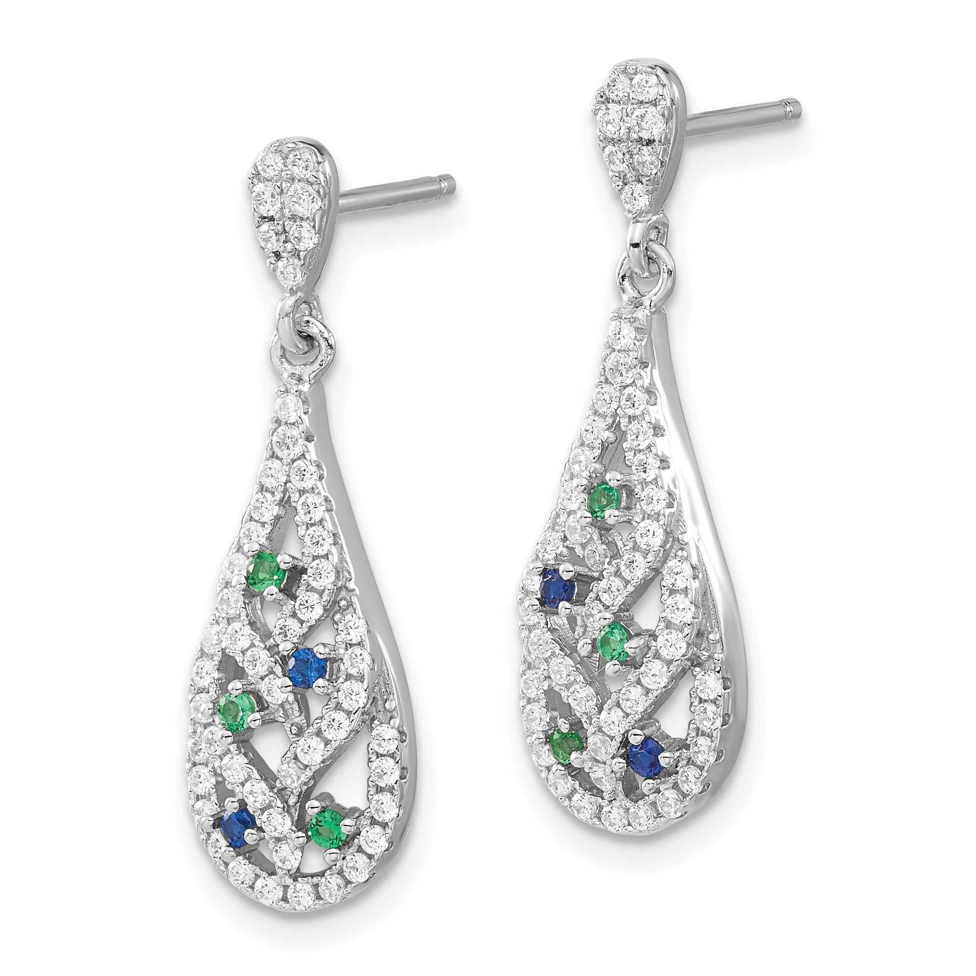 Sterling Silver Blue Green & White Cz Fancy Teardrop Post Dangle Earrings
