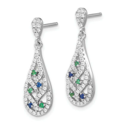 Sterling Silver Blue Green & White Cz Fancy Teardrop Post Dangle Earrings
