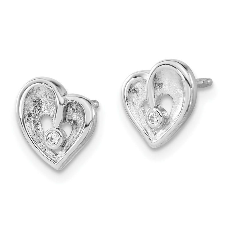 Sterling Silver Polished & Satin Cz Fancy Heart Post Earrings