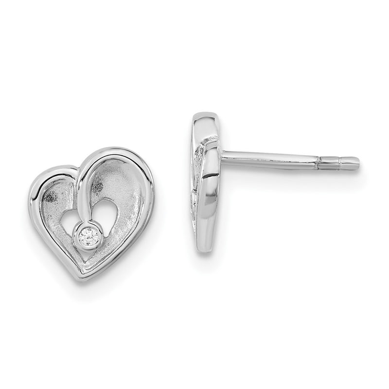 Sterling Silver Polished & Satin Cz Fancy Heart Post Earrings
