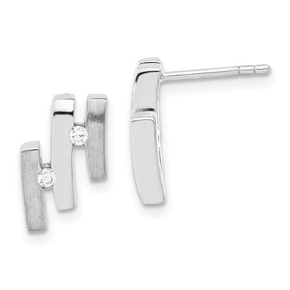 Sterling Silver Brushed And Polished Cz Post Earrings