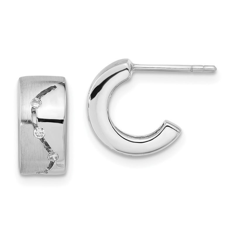 Sterling Silver Brushed & Polished Cz Post C-Hoop Earrings