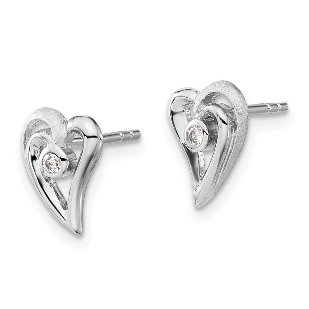 Sterling Silver Polished And Satin Cz Heart Post Earrings