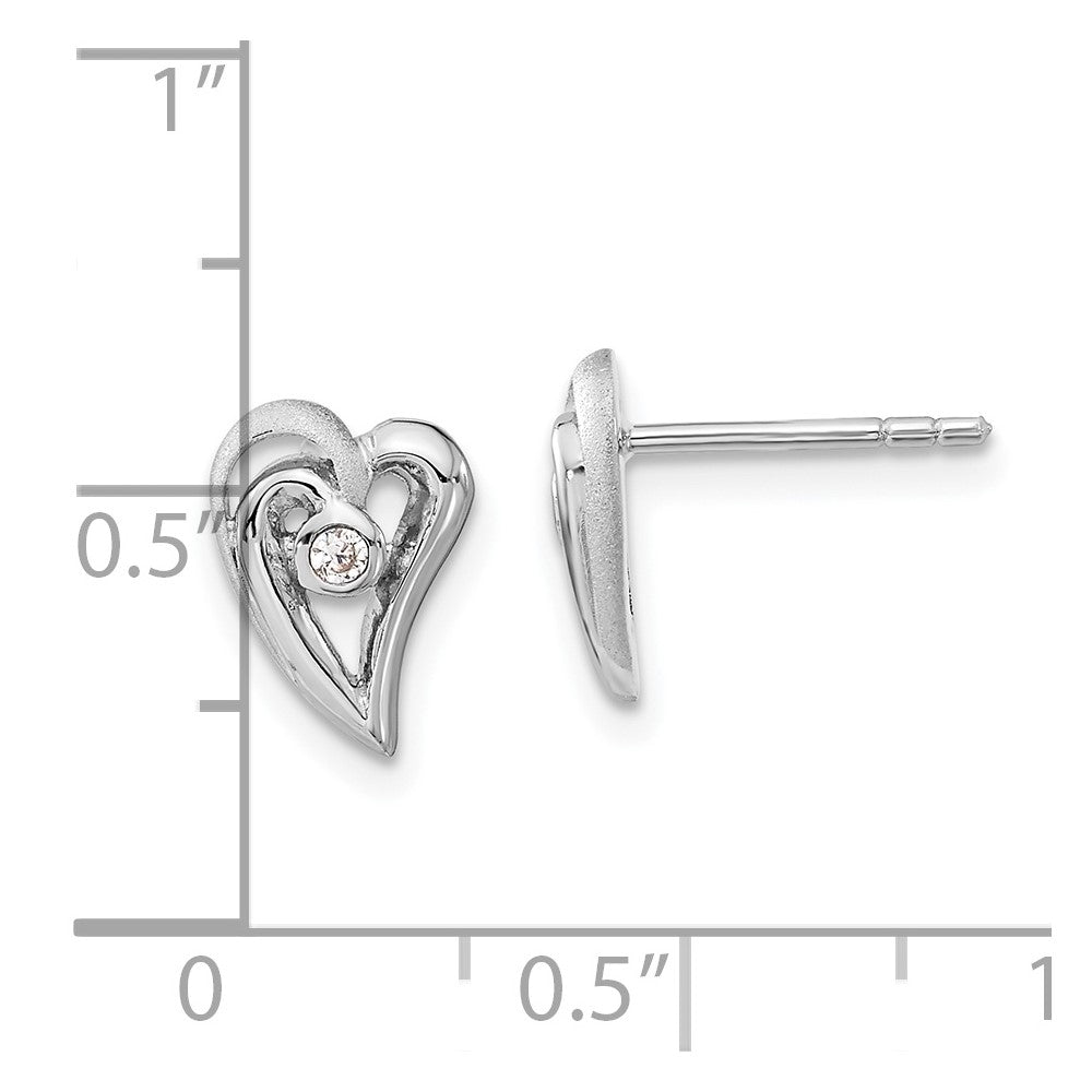 Sterling Silver Polished And Satin Cz Heart Post Earrings