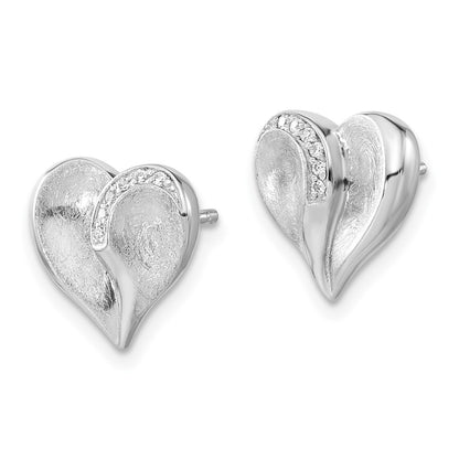 Sterling Silver Polished & Textured Cz Heart Post Earrings